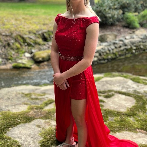 Sherri Hill Red High Low Dress studded shorts for prom - SHORTS Glam - Picture 1 of 16